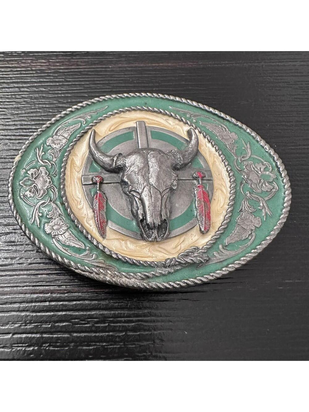 Vintage 1991 Siskiyou Western Belt Buckle Buffalo Skull Feathers USA VGC